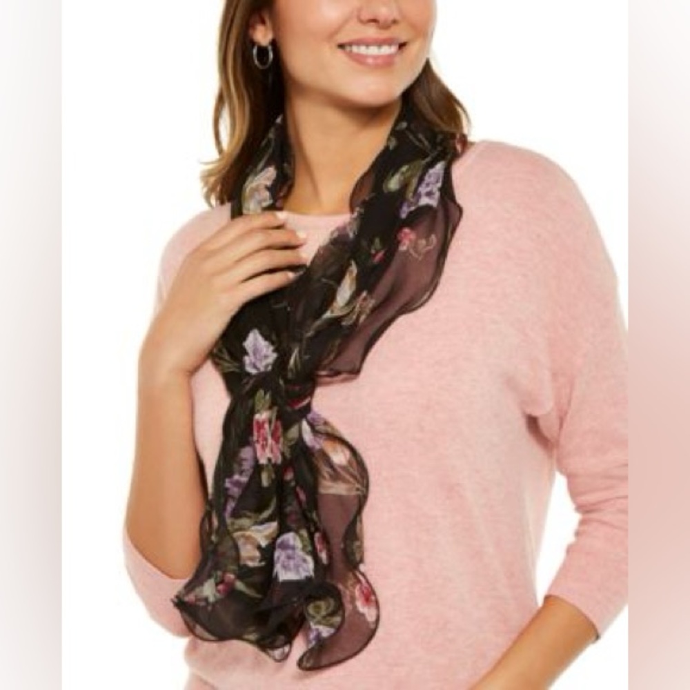 NEW 100% silk mulberry silk ruffle scarf floral purple Ralph Lauren